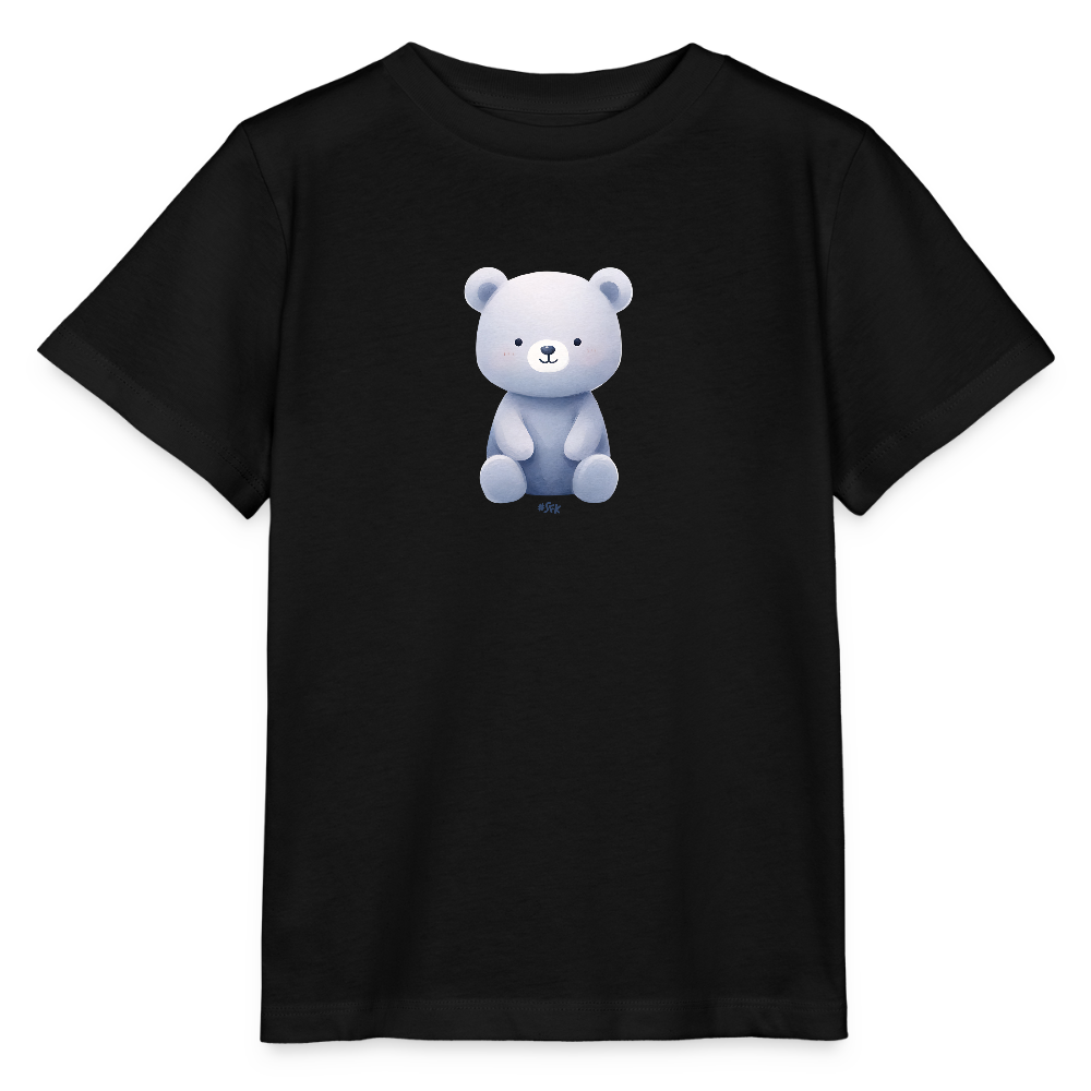 Onlineshop Shirts für Kinder - Das Bild zeigt ein schwarzes T-Shirt mit einem niedlichen, cartoonhaften Bärenmotiv auf der Vorderseite. Der Bär hat eine sanfte, hellblaue Farbgebung und sitzt aufrecht mit einem freundlichen Gesichtsausdruck. Die Gestaltung des Bären ist schlicht, aber ansprechend, was es ideal für Kinder macht. Das T-Shirt hat kurze Ärmel und einen klassischen Schnitt.
