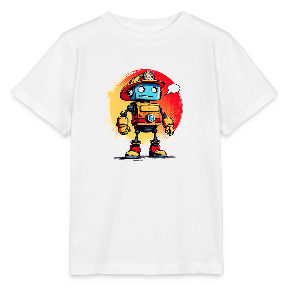 Onlineshop Shirts für Kinder - Das Bild zeigt ein T-Shirt in Weiß mit einem bunten Druck eines Roboter-Charakters. Der Roboter hat einen blauen Kopf, orangefarbene Kleidung und trägt eine Feuerwehrhelm. Im Hintergrund ist ein runder Farbverlauf in Gelb und Rot zu erkennen, der den Roboter hervorhebt. Der Roboter hat eine Sprechblase, was ihm eine verspielte und freundliche Ausstrahlung verleiht.
