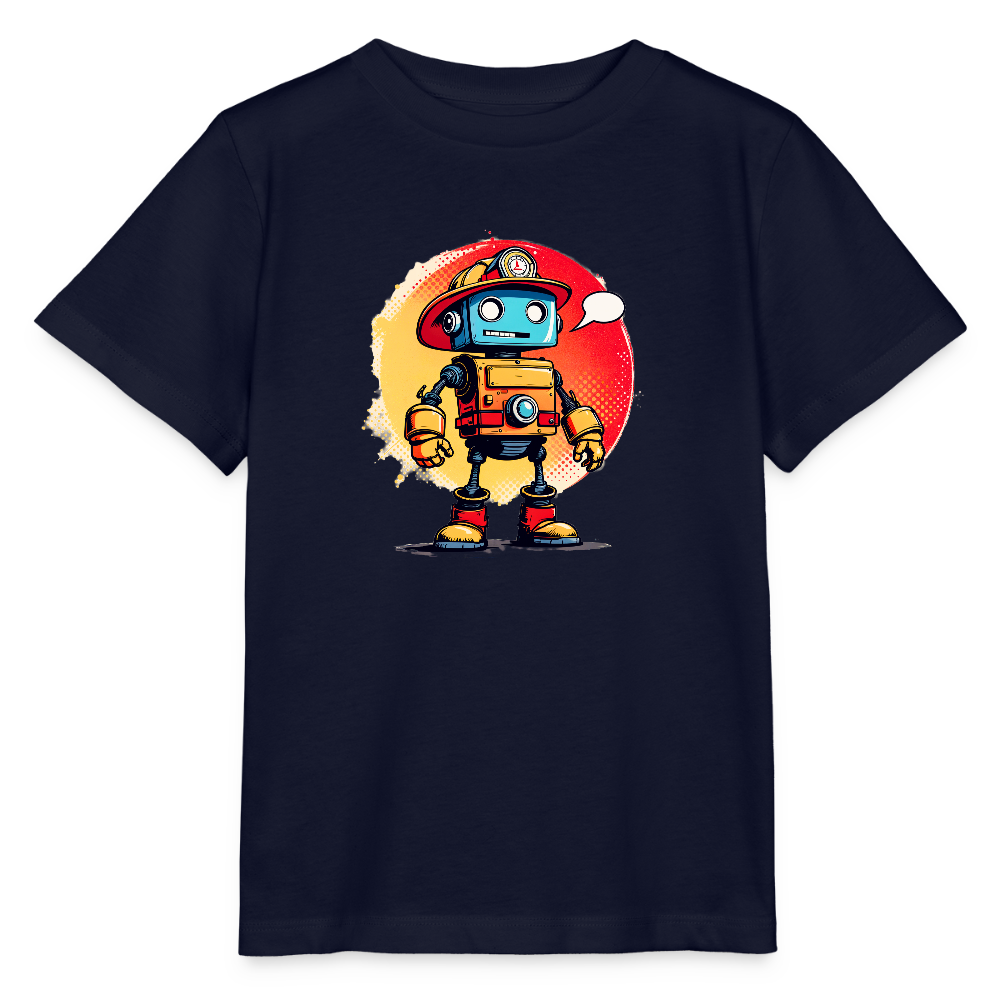 Onlineshop Shirts für Kinder - Das Bild zeigt ein T-Shirt in dunkler Farbe, auf dem ein grafischer Druck eines Roboters zu sehen ist. Der Roboter trägt einen Feuerwehrhelm und hat eine freundliche Ausdrucksweise, die durch die Sprechblase verstärkt wird. Im Hintergrund befindet sich eine leuchtende Halbkreisgestaltung in warmen Farben. Das Design kombiniert eine verspielte Ästhetik mit einem modernen Look für Kinder.