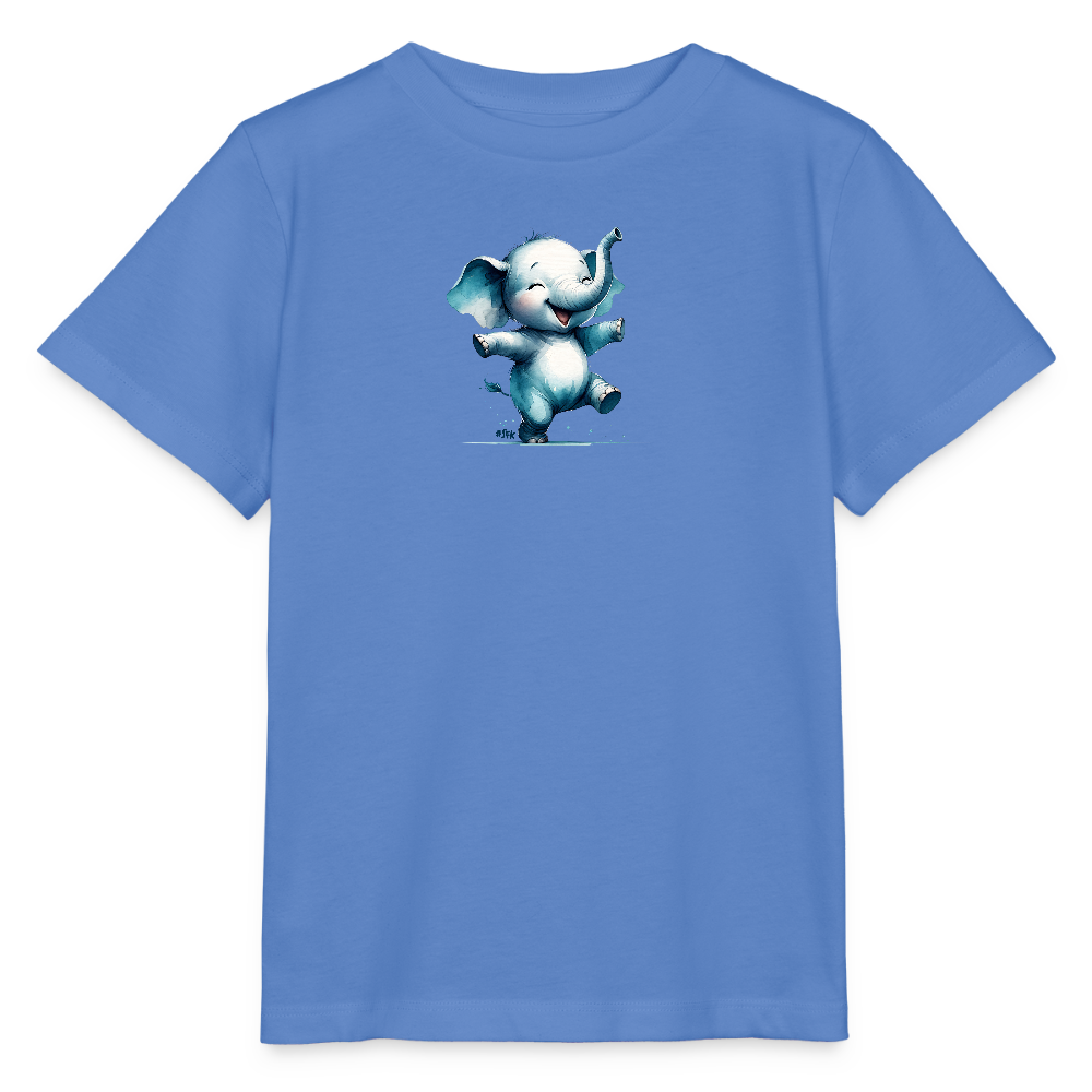 Onlineshop Shirts für Kinder - Das T-Shirt ist in einem hellblauen Farbton gehalten und zeigt ein fröhliches ELEFANTEN-Motiv auf der Vorderseite. Der Elefant hat ein breites Lächeln und tanzt mit einer aufrechten Haltung, während er seine Vorderbeine hebt. Die Farben sind hell und ansprechend, was das Shirt besonders für Kinder attraktiv macht. Das Design ist verspielt und vermittelt eine positive Stimmung.