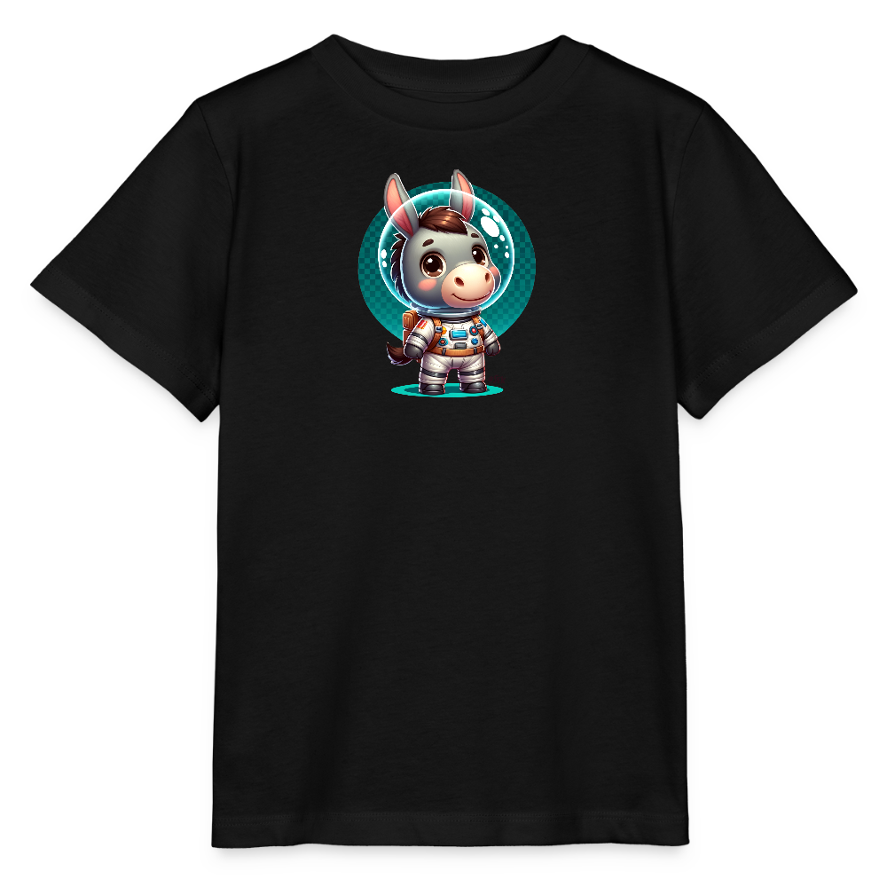 Onlineshop Shirts für Kinder - Das Bild zeigt ein schwarzes T-Shirt mit einem verspielten Design. Auf der Vorderseite ist ein niedlicher Esel als Astronaut abgebildet, der einen Raumanzug trägt. Um ihn herum ist ein leuchtender Kreis mit einer blauen Hintergrundtextur, was den Raumthema unterstreicht. Die detaillierten Merkmale des Esel-Charakters verleihen dem Shirt einen fröhlichen und einladenden Look.
