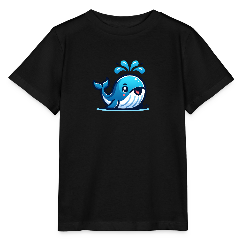 Onlineshop Shirts für Kinder - Das Bild zeigt ein schwarzes T-Shirt mit einem farbigen Wal-Design auf der Vorderseite. Der Wal ist in verschiedenen Blautönen gehalten und spritzt Wasser im Spiel empor. Der Ausdruck des Wals ist freundlich und verspielt, was ihn besonders für Kinder ansprechend macht. Das T-Shirt selbst hat einen klassischen Schnitt und wirkt hochwertig.