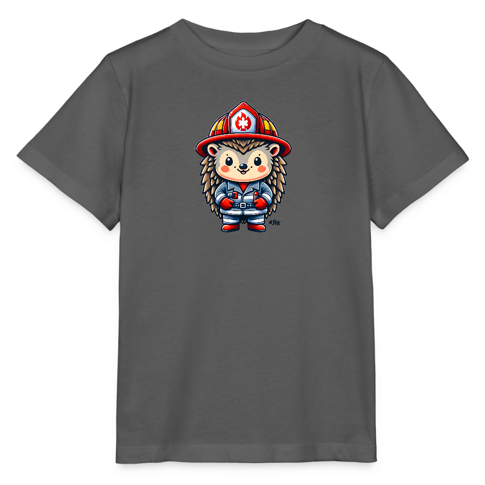 Onlineshop Shirts für Kinder - Das Bild zeigt ein graues T-Shirt mit einem süßen, cartoonhaften Igel, der in Feuerwehruniform gekleidet ist. Der Igel trägt einen roten Feuerwehrhelm mit einem weißen Kreuz und hat eine fröhliche Gesichtsausdruck. Seine Uniform ist blau mit roten Handschuhen und Stiefeln, was das Design lebhaft und ansprechend macht. Die Gesamtgestaltung ist verspielt und für Kinder ideal geeignet.