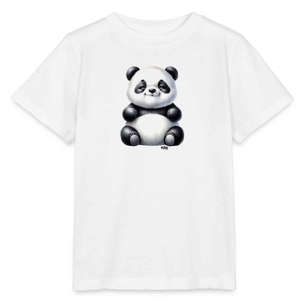 Onlineshop Shirts für Kinder - Das Bild zeigt ein weißes T-Shirt mit einem niedlichen Panda-Motiv auf der Vorderseite. Der Panda sitzt mit einem freundlichen Gesichtsausdruck und hat ein weiches, rundes Körperdesign. Die Farben des Pandas sind klassischerweise schwarz und weiß, wobei die Details und Schattierungen dem Bild Tiefe verleihen. Das T-Shirt hat kurze Ärmel und eine klassische Halsschneidung, was es ideal für Kinder macht.