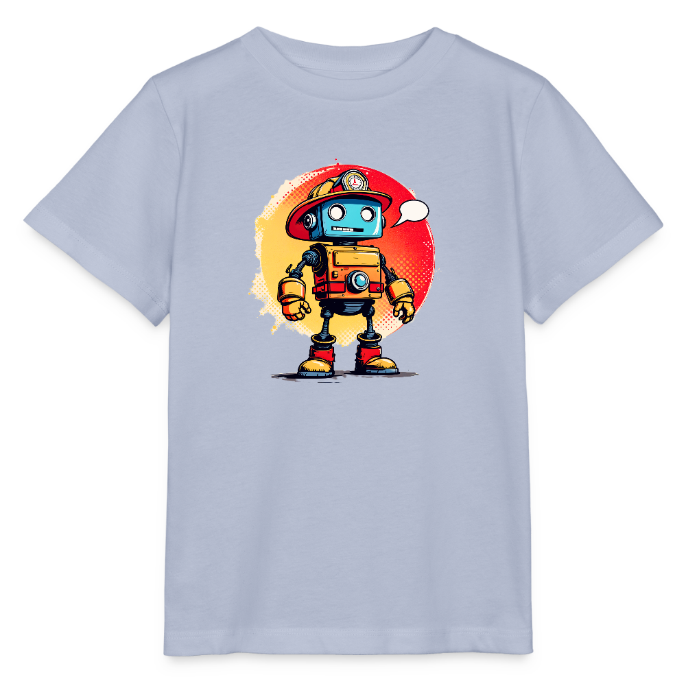 Onlineshop Shirts für Kinder - Das Bild zeigt ein hellblaues T-Shirt, auf dem ein stilisierter Roboter abgebildet ist. Der Roboter hat einen quadratischen Kopf in Blau und trägt einen roten Feuerwehrhelm sowie eine orangefarbene Uniform. Im Hintergrund ist ein runder, leuchtend roter Farbkreis zu sehen, der den Roboter kontrastiert. Die Gesamtästhetik ist cartoonhaft und verspielt, ideal für Kinder.