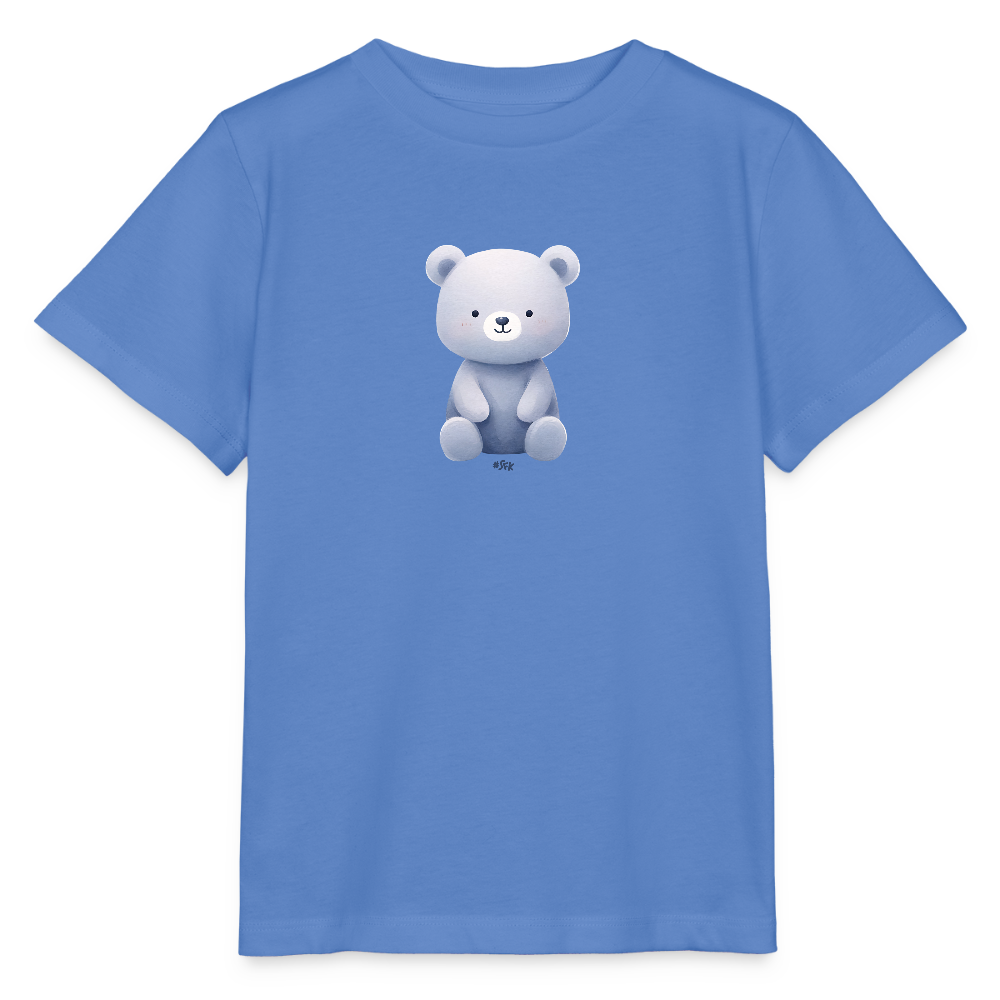 Onlineshop Shirts für Kinder - Das Produkt zeigt ein kurzärmliges Kinder-T-Shirt in einem beruhigenden Blauton. Auf der Vorderseite des Shirts ist ein niedliches Bärenmotiv abgebildet, das in sanften Grau- und Cremetönen gehalten ist. Der Bär sitzt aufrecht und hat ein freundliches Gesicht, was dem Shirt einen verspielten und einladenden Charakter verleiht. Das Gesamtbild wirkt freundlich und ansprechend für Kinder.
