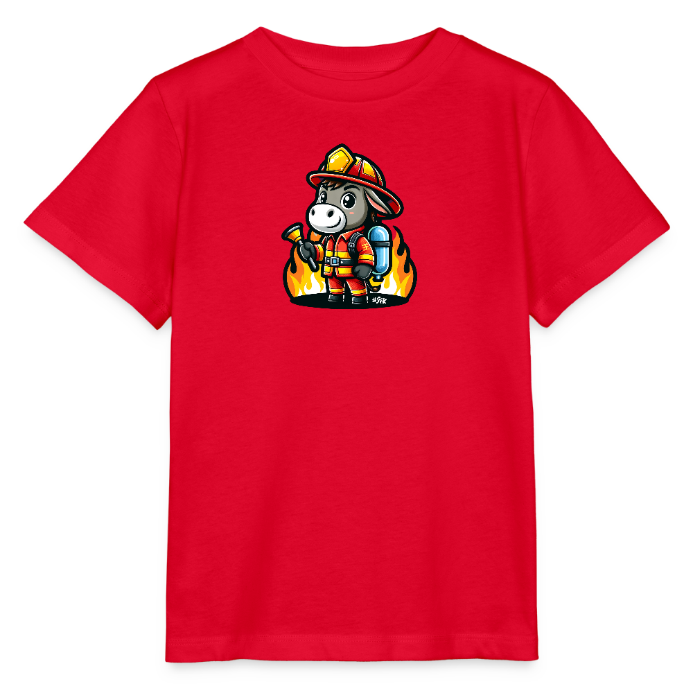 Onlineshop Shirts für Kinder - Das Bild zeigt ein rotes Kinder-T-Shirt, auf dem ein Comic-Esel als Feuerwehrmann abgebildet ist. Der Esel trägt eine vollständige Feuerwehrausrüstung, einschließlich Helm, Uniform und Sauerstoffflasche. Er hält einen Feuerwehrschlauch in der Hand und steht vor einem Hintergrund aus Flammen. Das T-Shirt ist in einem einfachen Stil gehalten und eignet sich für Kinder, die Feuerwehrleute und Tiere mögen. Das Motiv ist mittig auf der Vorderseite des T-Shirts platziert.