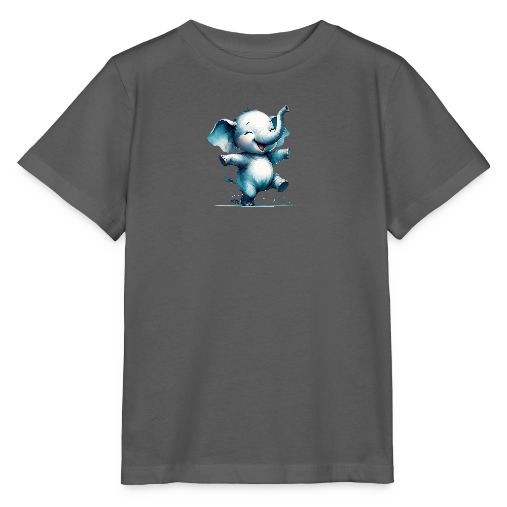 Onlineshop Shirts für Kinder - Das Bild zeigt ein graues T-Shirt mit einem farbenfrohen Aufdruck eines fröhlichen Elefanten. Der Elefant hat ein lächelndes Gesicht und hebt seine Vorderbeine, als ob er tanzt. Die Farbtöne variieren von Blau über Weiß und vermitteln ein frisches, verspieltes Gefühl. Der Aufdruck wirkt cartoonhaft und ansprechend für Kinder.