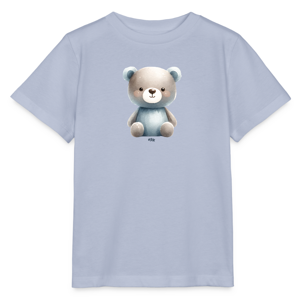 Onlineshop Shirts für Kinder - Das Bild zeigt ein kinderfreundliches T-Shirt in einem sanften Hellblau. In der Mitte des Shirts ist ein süß gezeichneter Bär abgebildet, der freundlich lächelt. Der Bär hat einen hellblauen und grauen Körper mit runden Ohren und einer sanften Gesichtszüge. Das Design ist niedlich und ansprechend für Kinder.