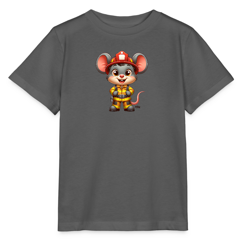 Onlineshop Shirts für Kinder - Das Bild zeigt ein grau gefärbtes Kinder-T-Shirt mit einem bunten, cartoonhaften Motiv. Abgebildet ist eine niedliche Maus in Feuerwehruniform, einschließlich eines roten Helms und gelber Schutzkleidung. Die Maus steht aufrecht und hat ein freundliches Lächeln auf dem Gesicht, was dem Design einen verspielten und einladenden Charakter verleiht. Der Hintergrund ist schwarz, wodurch die Farben des Motivs lebhaft zur Geltung kommen.