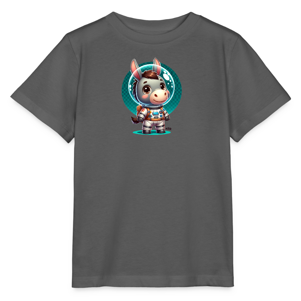 Onlineshop Shirts für Kinder - Das Bild zeigt ein graues T-Shirt mit einem farbenfrohen Motiv eines niedlichen Esel-Astronauten. Der Esel trägt einen Raumanzug und steht in einer Bubble oder einem Schimmer, der den Eindruck von Schwerelosigkeit vermittelt. Sein Gesichtsausdruck ist freundlich und abenteuerlustig, was das Design ansprechend für Kinder macht. Das T-Shirt ist in einem schlichten Farbton gehalten, was das bunte Motiv zusätzlich hervorhebt.
