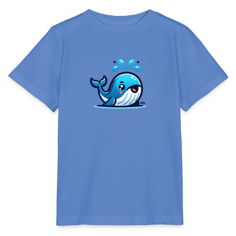 Onlineshop Shirts für Kinder - Das Bild zeigt ein hellblaues T-Shirt, auf dessen Vorderseite ein niedlicher, cartoonartiger Wal abgebildet ist. Der Wal hat eine fröhliche Gesichtsausdruck und spritzt Wasser aus seinem Kopf. Der T-Shirt-Stil ist schlicht und angenehm, sodass er ideal für Kinder geeignet ist. Die Farben sind lebhaft und verleihen dem Shirt ein einladendes, verspieltes Aussehen.