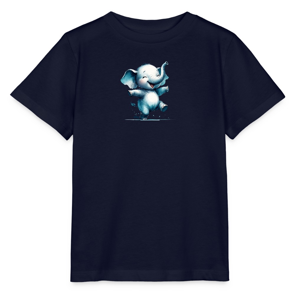 Onlineshop Shirts für Kinder - Das Bild zeigt ein dunkelblaues T-Shirt mit einem verspielten Elefanten-Motiv in der Mitte. Der Elefant ist in sanften Blautönen gestaltet und wirkt äußerst fröhlich, während er mit einem breiten Lächeln und weit aufgestellten Ohren dargestellt wird. Um ihn herum sind spritzende Wassertröpfchen abgebildet, die eine lebendige Atmosphäre schaffen. Das Design spricht Kinder an und strahlt Freude und Unbeschwertheit aus.