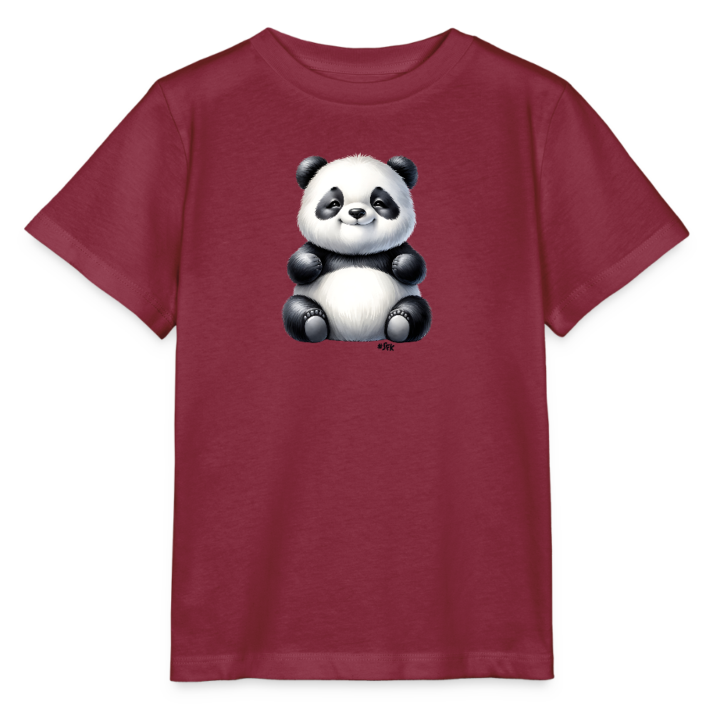 Onlineshop Shirts für Kinder - Das Bild zeigt ein roth 색iges T-Shirt mit einem niedlichen Panda-Motiv in der Mitte. Der Panda sitzt aufrecht und hat einen freundlichen Gesichtsausdruck, mit einem runden, weißen Bauch und charakteristischen schwarzen Flecken. Die T-Shirt-Ärmel sind kurz und der Stoff wirkt weich und angenehm. Das Gesamtdesign ist verspielt und attraktiv für Kinder.