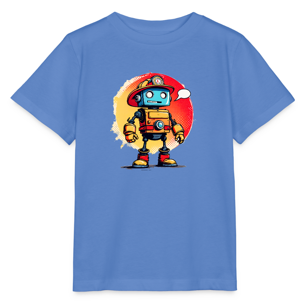 Onlineshop Shirts für Kinder - Das Bild zeigt ein hellblaues T-Shirt mit einem bunten Motiv eines Robotercharakters. Der Roboter hat einen blauen Kopf, einen roten Helm und orangefarbene Details auf seinem Körper. Im Hintergrund ist ein runder, rot-gelber Farbverlauf, der das Design lebendig wirken lässt. Der Roboter steht in einer aufrechten Pose und spricht mit einer Sprechblase.