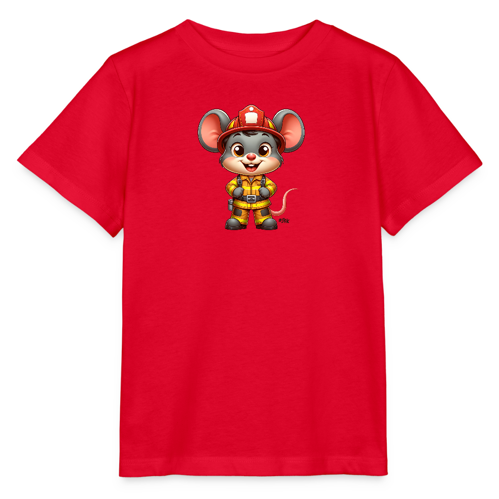 Onlineshop Shirts für Kinder - Das Bild zeigt ein rotes T-Shirt mit einem niedlichen, cartoonhaften Feuerwehrmäuschen in der Mitte. Die Maus trägt einen Feuerwehrhelm sowie eine gelbe Uniform und sieht freundlich und stolz aus. Ihre großen Ohren und der lächelnde Gesichtsausdruck machen das Design besonders ansprechend für Kinder. Der Hintergrund des T-Shirts ist schlicht, was die Grafik hervorhebt.