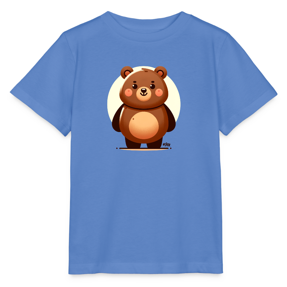 Onlineshop Shirts für Kinder - Das Bild zeigt ein T-Shirt in hellblauer Farbe mit einem süßen, cartoonhaften Bärenmotiv darauf. Der Bär hat eine runde Form, große, lebendige Augen und eine freundliche Ausstrahlung. Er steht vor einem hellen, runden Hintergrund, der ihn hervorhebt. Die Gestaltung des Bären ist bunt und ansprechend, ideal für Kinder.