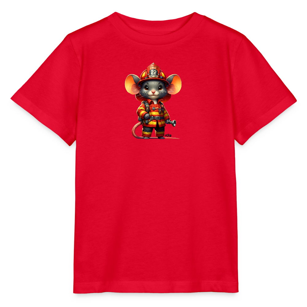 Onlineshop Shirts für Kinder - Das Bild zeigt ein rotes T-Shirt mit einer humorvollen Grafik einer Maus in Feuerwehruniform. Die Maus trägt einen Feuerwehrhelm und eine Motorkleidung in leuchtenden Farben, die die Aufmerksamkeit auf sich zieht. In ihrer Hand hält die Maus einen kleinen Feuerwehrschlauch. Der Kontrast zwischen dem roten T-Shirt und den bunten Elementen der Grafik verleiht dem Design eine lebendige Ausstrahlung.