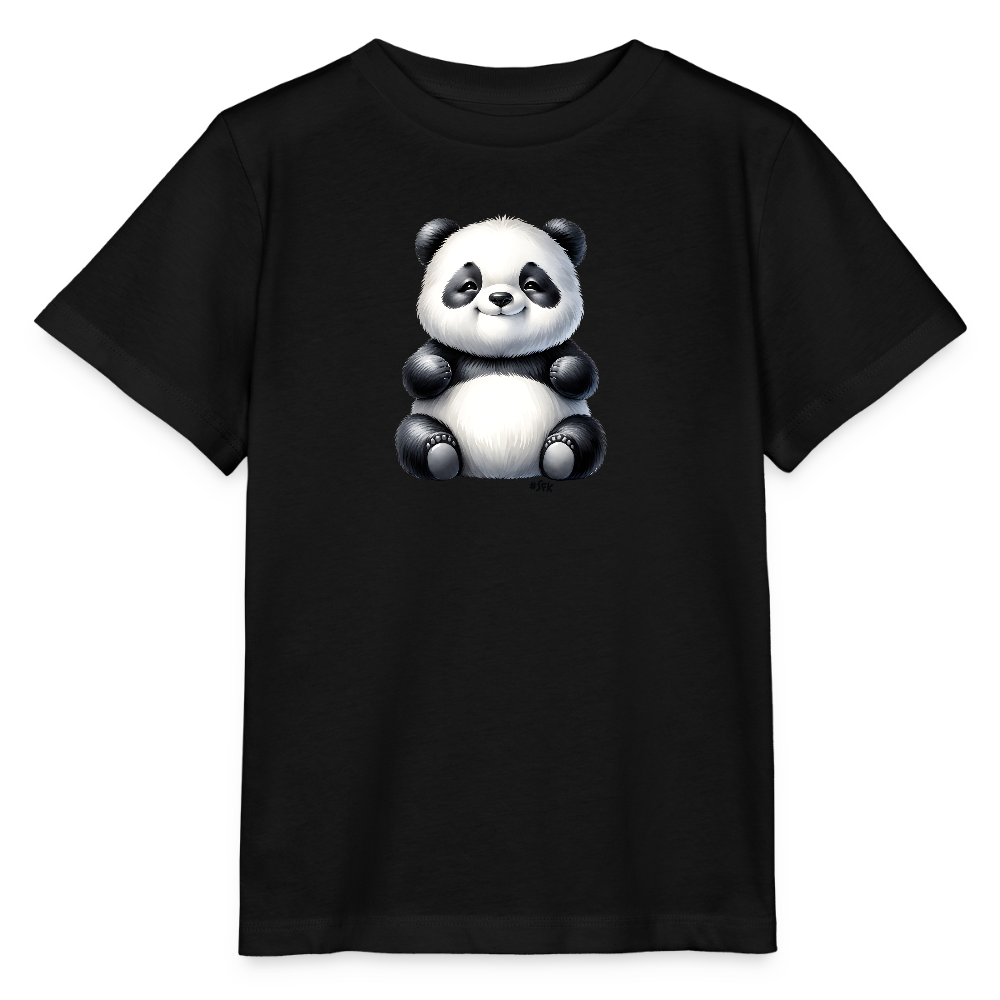 Onlineshop Shirts für Kinder - Das Bild zeigt ein schwarzes T-Shirt mit einem süßen, cartoonartigen Panda-Design in der Mitte. Der Panda ist in den klassischen Schwarz- und Weißtönen gehalten, mit runden, freundlichen Augen und einem lächelnden Gesicht. Die Darstellung des Pandas ist weich und niedlich, was dem T-Shirt ein spielerisches Aussehen verleiht. Dieses Design eignet sich hervorragend für Kinder, die Tiere und fröhliche Motive lieben.