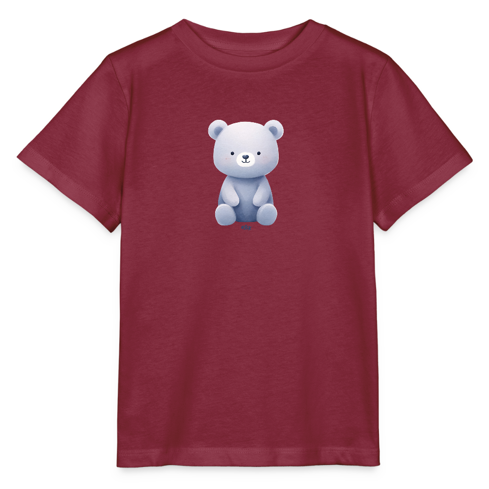 Onlineshop Shirts für Kinder - Das Bild zeigt ein rotes Kinder-T-Shirt mit kurzen Ärmeln. Auf der Vorderseite ist ein niedlicher, cartoonartiger Bär abgebildet, der sitzt und freundlich schaut. Der Bär hat eine sanfte, hellblaue Färbung mit einem weißen Gesicht und ist in einem einfachen, aber ansprechenden Stil gestaltet. Das Design ist kinderfreundlich und eignet sich besonders für jüngere Mädchen und Jungen.