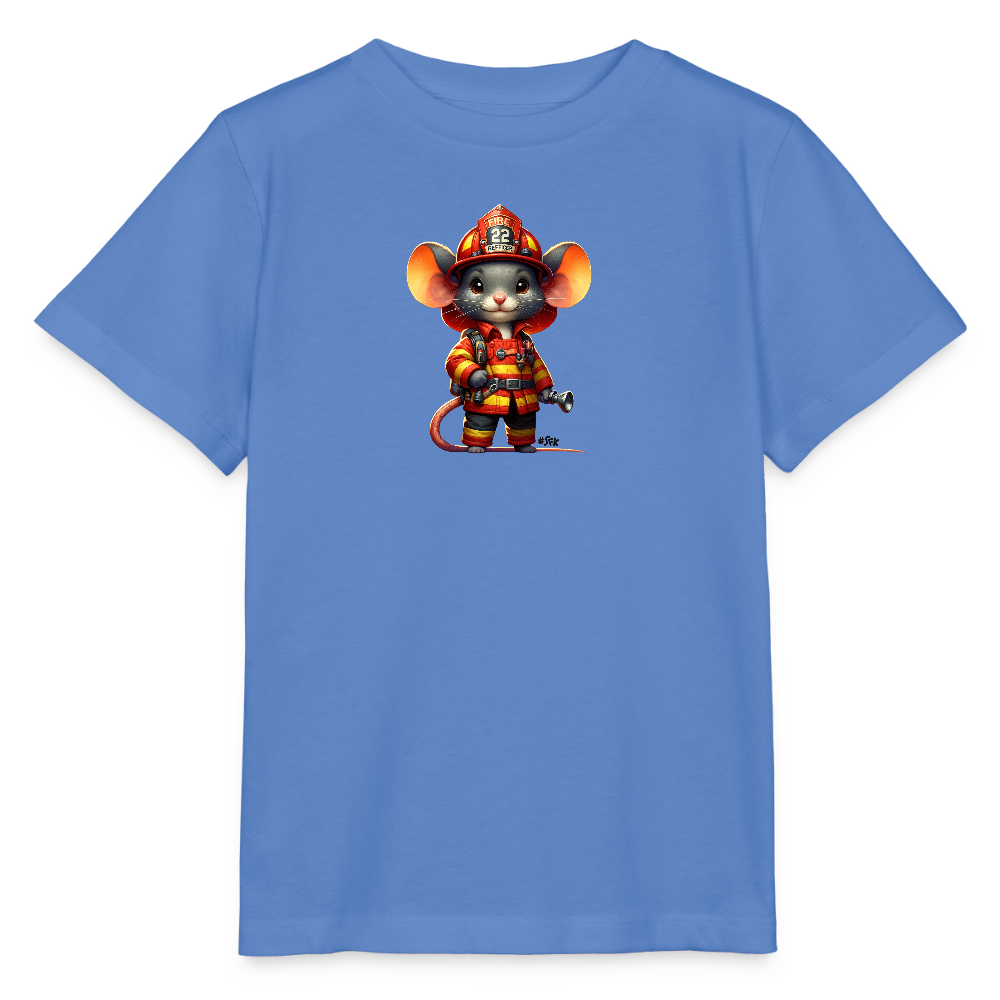 Onlineshop Shirts für Kinder - Das T-Shirt ist in einem hellblauen Farbton gehalten und zeigt eine verspielte Illustration einer Maus in Feuerwehrkleidung. Die Maus trägt einen Feuerwehrhelm mit der Aufschrift '22' und ist mit einem orangefarbenen und roten Feuerwehrausgerüst dargestellt. In ihren Hinterpfoten hält die Maus ein Feuerwehrschlauch, was ihr ein mutiges Erscheinungsbild verleiht. Der gesamte Look hat eine freundliche und kindgerechte Ausstrahlung, die bei Kindern gut ankommen dürfte.