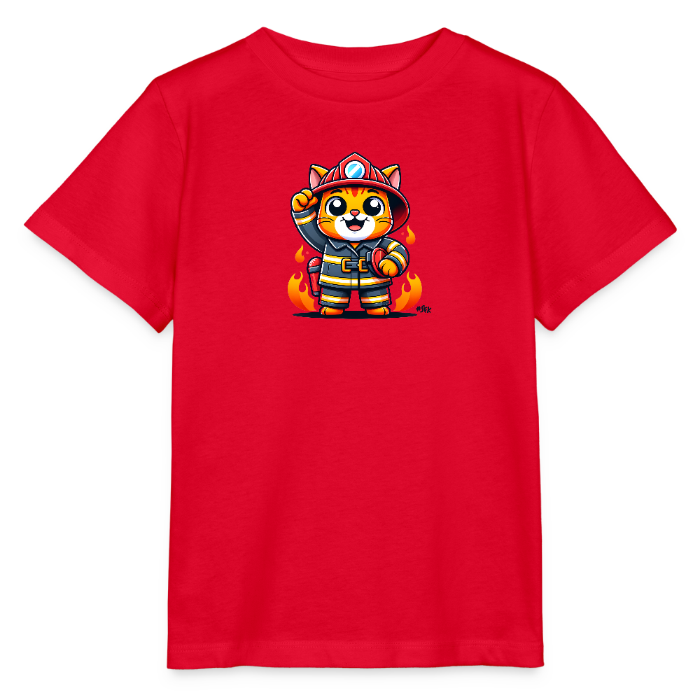 Onlineshop Shirts für Kinder - Das Bild zeigt ein rotes T-Shirt, das mit einem farbenfrohen Motiv eines niedlichen Katers im Feuerwehroutfit bedruckt ist. Der Kater hebt eine Pfote in die Luft und hat einen begeisterten Gesichtsausdruck. Um ihn herum sind Flammen dargestellt, die das Feuerwehthema unterstreichen. Die Kombination aus leuchtenden Farben und dem humorvollen Design spricht besonders Kinder an.