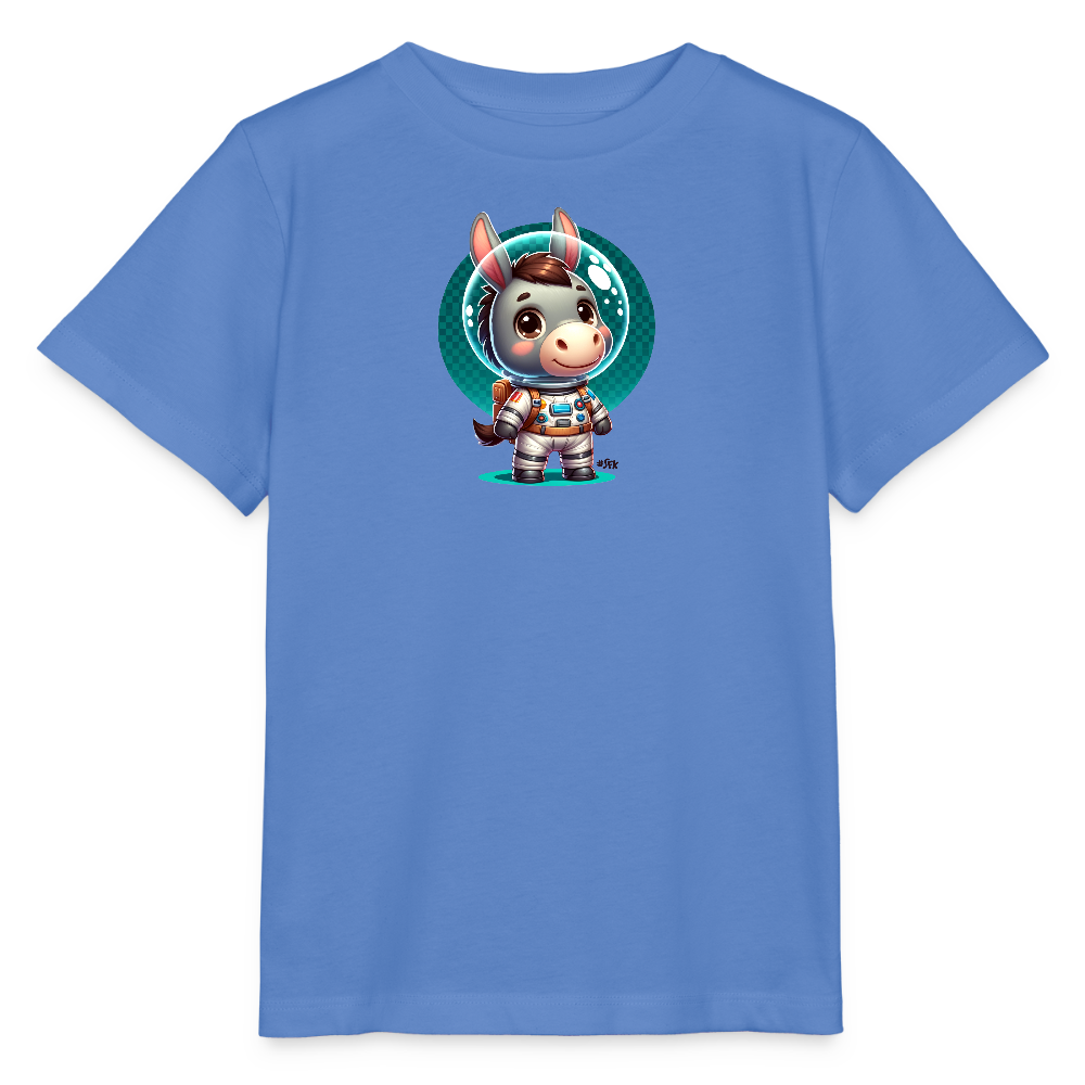 Onlineshop Shirts für Kinder - Das Bild zeigt ein blaues T-Shirt mit einem lustigen, niedlichen Esel, der als Astronaut verkleidet ist. Der Esel trägt einen silbernen Raumanzug mit bunten Details und einen Helm, während er in einer schwebenden Pose steht. Im Hintergrund befindet sich ein grüner runder Schriftzug, der den Eindruck von Schwerelosigkeit vermittelt. Das Design ist lebhaft und ansprechend für Kinder, perfekt für ein thematisches Outfit.