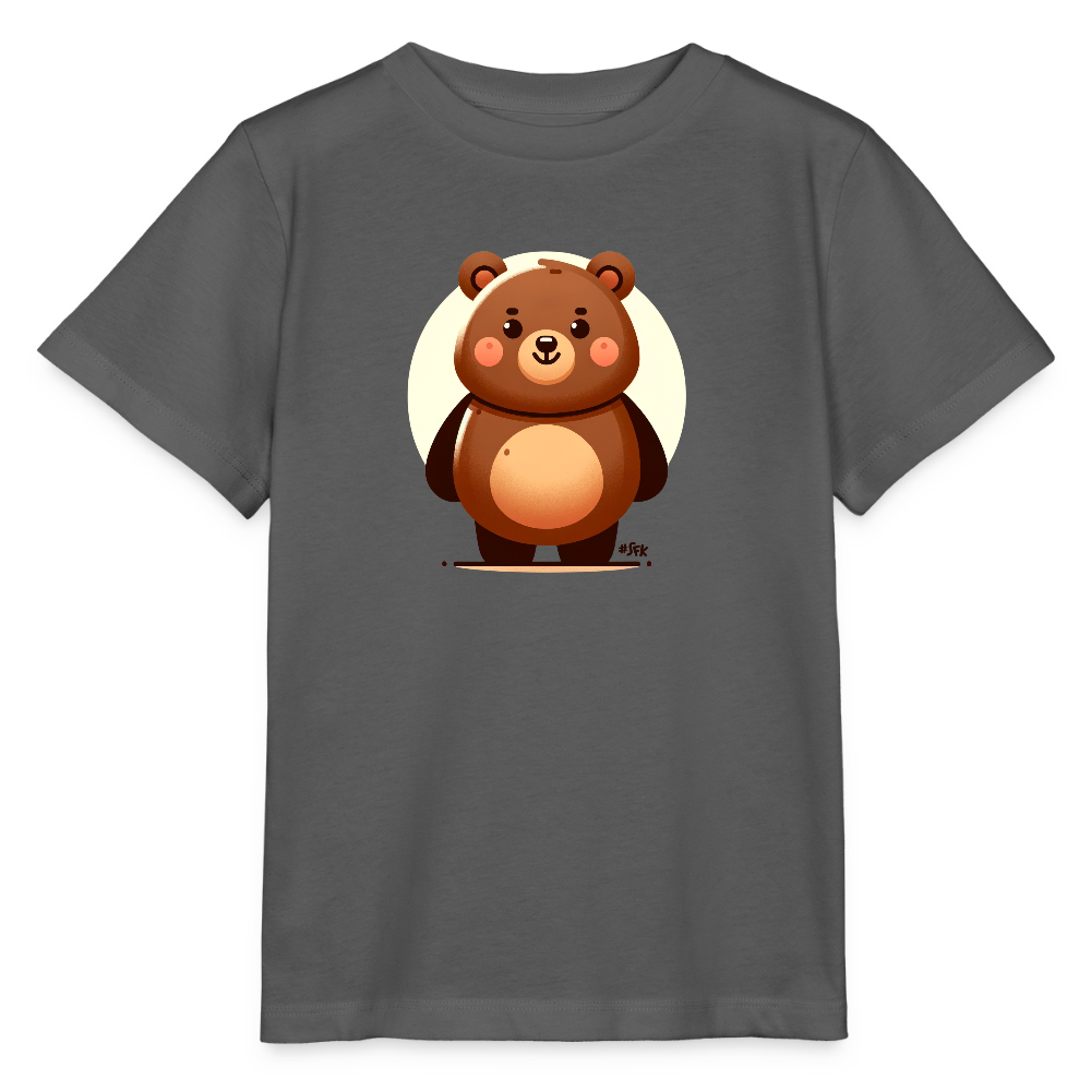 Onlineshop Shirts für Kinder - Das Bild zeigt ein graues T-Shirt mit einem charmanten, grafischen Bärenmotiv auf der Vorderseite. Der Bär hat eine runde Form, sanfte Konturen und ein freundliches Gesicht, was ihm ein niedliches Aussehen verleiht. Er steht vor einem hellen, runden Hintergrund, der den Fokus auf das Motiv lenkt. Die Farben sind lebhaft und einladend, was das Shirt besonders ansprechend für Kinder macht.
