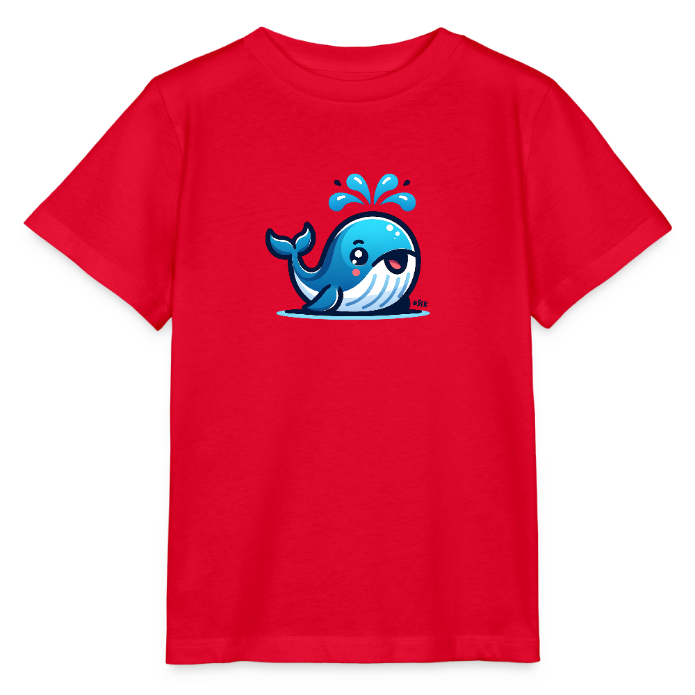 Onlineshop Shirts für Kinder - Das Bild zeigt ein rotes T-Shirt für Kinder mit einem niedlichen Wal-Design. Der Wal ist cartoonhaft dargestellt und spritzt freudig Wasser aus seinem Blowhole. Die Farben des Wals sind in Blau- und Grautönen gehalten, und er hat einen fröhlichen Ausdruck. Das T-Shirt hat kurze Ärmel und eine klassische Form, die für Kinder geeignet ist.