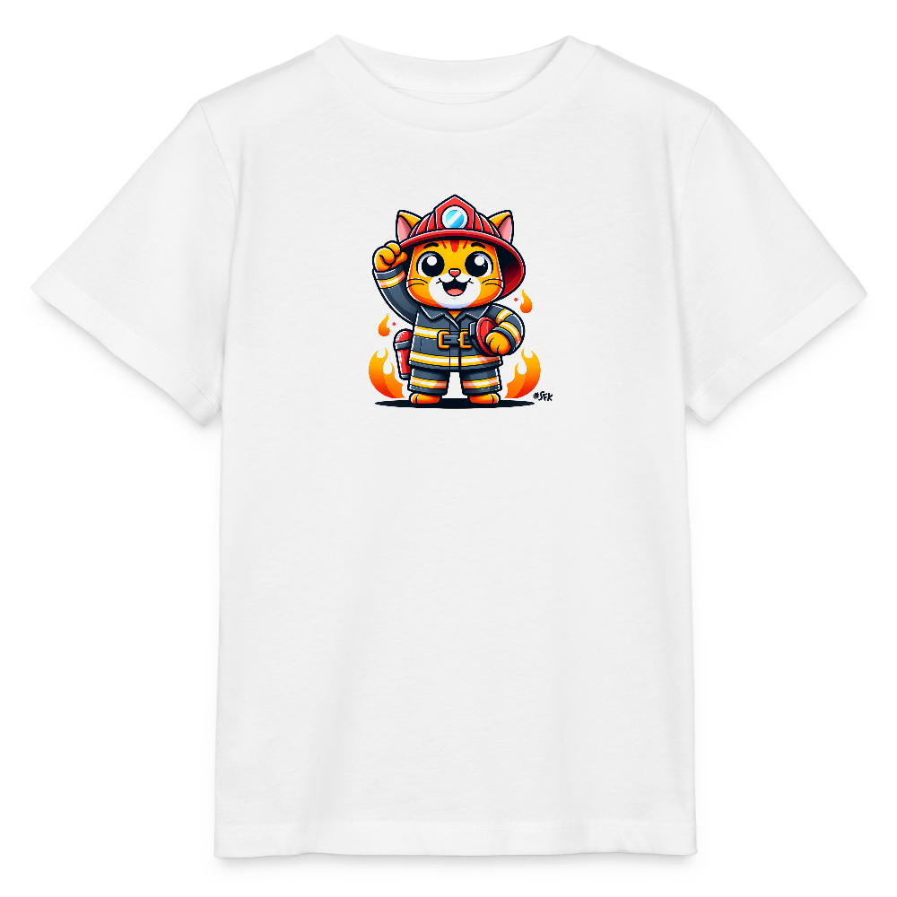 Onlineshop Shirts für Kinder - Das Bild zeigt ein weißes T-Shirt mit einem farbenfrohen, cartoonhaften Druck, der eine Katze in Feuerwehrkleidung darstellt. Die Katze hebt einen Arm in die Luft und blickt freundlich, während sie in einer heroischen Pose steht. Um die Katze herum sind stilisierte Flammen abgebildet, die die Feuerwehrthematik unterstreichen. Das Design ist lebhaft und ansprechend, ideal für Kinder, die Tiere oder Feuerwehrmänner mögen.