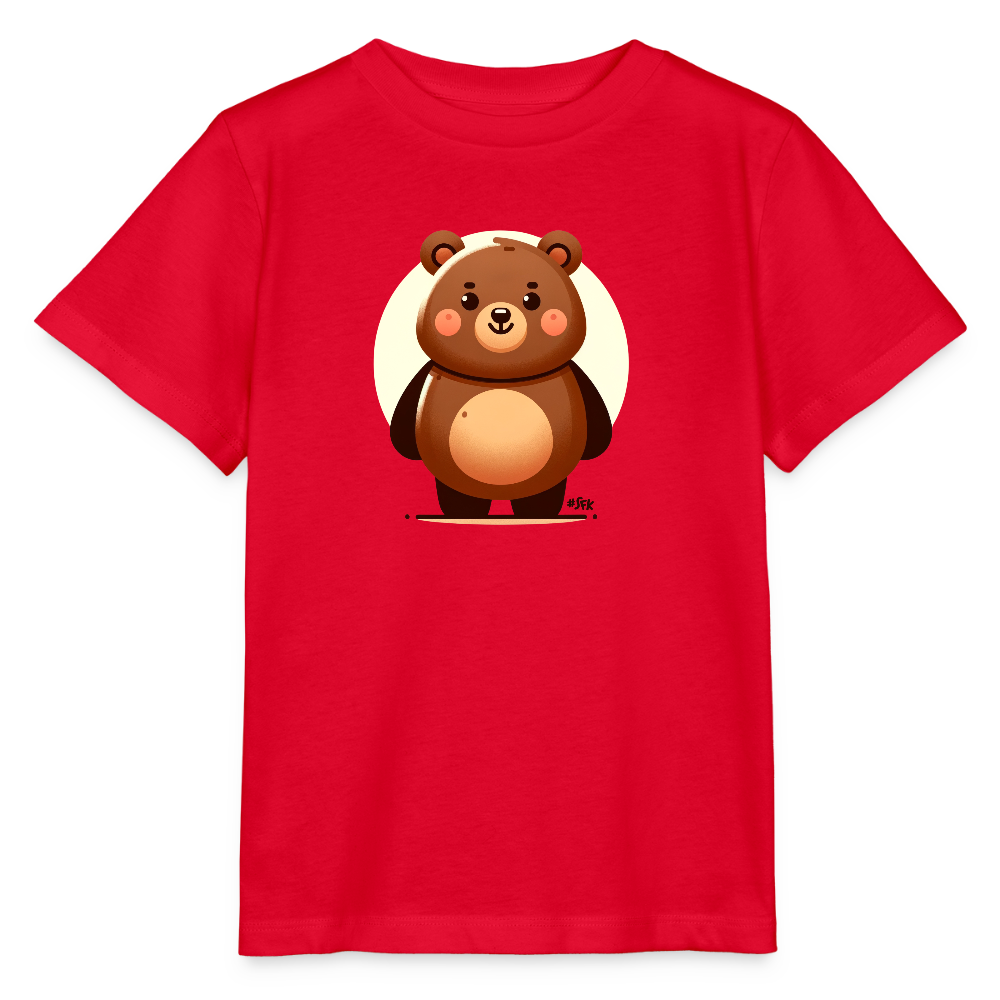 Onlineshop Shirts für Kinder - Das Bild zeigt ein rotes T-Shirt mit einem niedlichen, cartoonhaften Bärenmotiv auf der Vorderseite. Der Bär hat ein rundes, freundliches Gesicht und ein braunes Fell mit einem großen, beigen Bauch. Der Hintergrund des Motivs ist hell, was dem Design einen fröhlichen Kontrast verleiht. Die Ärmel und der Kragen des Shirts sind schlicht und unifarben, passend zum lebhaften rot des Shirts.
