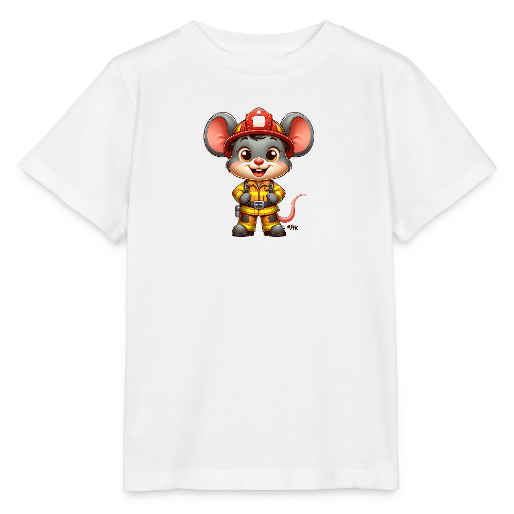 Onlineshop Shirts für Kinder - Das Bild zeigt ein weißes T-Shirt mit einem farbenfrohen Druck. Auf der Vorderseite ist eine Cartoon-Maus abgebildet, die Feuerwehrkleidung trägt. Sie hat einen freundlichen Gesichtsausdruck und steht aufrecht, mit den Händen in der Hüfte. Die Maus trägt einen roten Feuerwehrhelm und ein gelbes Outfit, das an Feuerwehruniformen erinnert.
