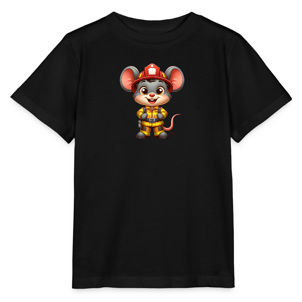 Onlineshop Shirts für Kinder - Das Bild zeigt ein schwarzes T-Shirt mit einem farbenfrohen Druck eines niedlichen Feuerwehrmäuschens. Die Maus trägt eine Feuerwehruniform in Gelb mit einem roten Feuerwehrhelm und hält ein Feuerwehrgerät in der Hand. Der Hintergrund des Shirts ist schwarz, was den Charakter besonders zur Geltung bringt. Insgesamt vermittelt das Design ein verspieltes und freundliches Gefühl, ideal für Kinder.