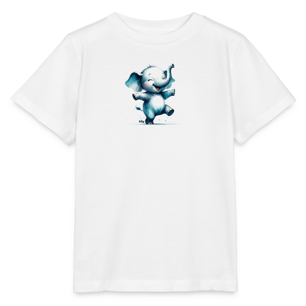 Das Bild zeigt ein weißes T-Shirt mit einem farbenfrohen Druck eines fröhlichen Elefanten in der Mitte. Der Elefant hat leuchtend blaue und graue Töne und tanzt mit einem breiten Lächeln auf dem Gesicht. Die Illustration wirkt verspielt und ansprechend für Kinder. Das T-Shirt hat kurze Ärmel und einen einfachen, klassischen Schnitt.