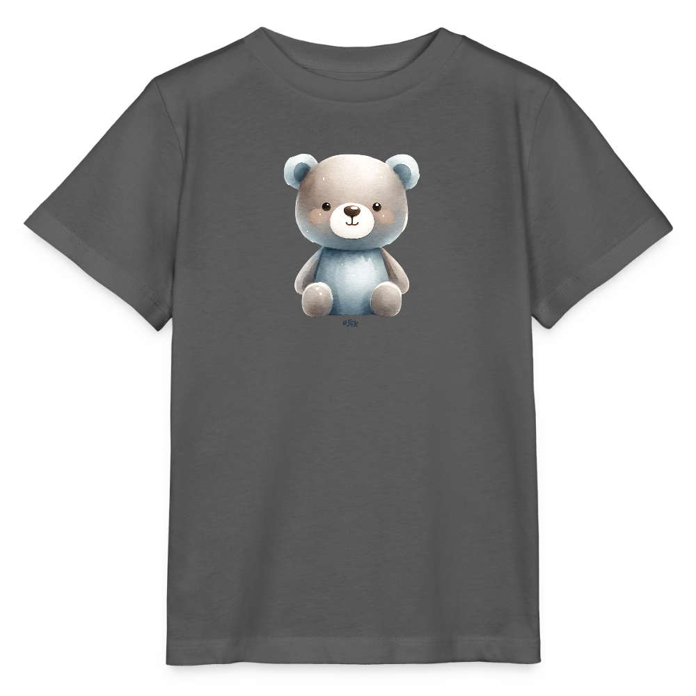 Onlineshop Shirts für Kinder - Das Bild zeigt ein graues T-Shirt, auf dem ein niedliches Bärenmotiv aufgedruckt ist. Der Bär hat ein freundliches Gesicht und ist in sanften Farbtönen gehalten, mit einem hellblauen und grauen Körper. Die Gestaltung des Motivs wirkt verspielt und ansprechend für Kinder. Das T-Shirt hat kurze Ärmel und einen klassischen Rundhalsausschnitt.