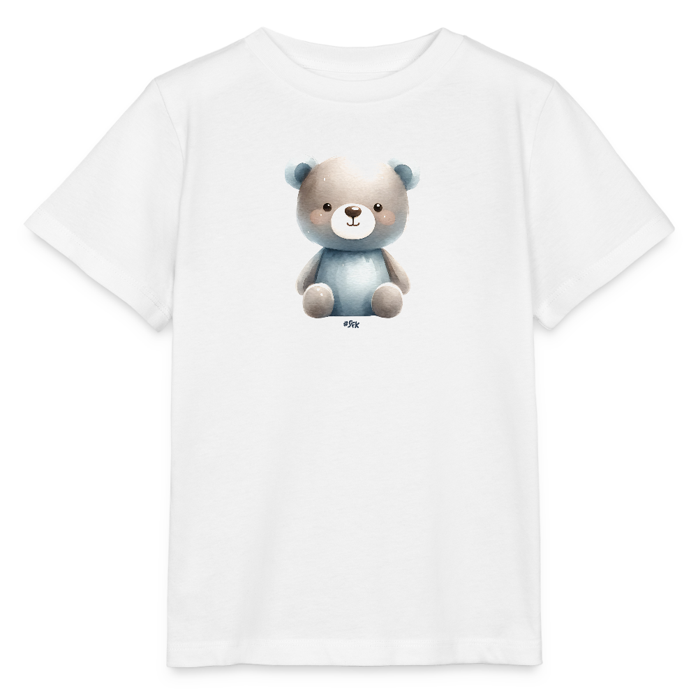 Onlineshop Shirts für Kinder - Das Bild zeigt ein weißes T-Shirt mit einem niedlichen Bärenmotiv auf der Vorderseite. Der Bär hat eine kräftige blaue Körperfarbe und einen hellbraunen Kopf mit grauen Ohren. Die Illustration ist freundlich und kinderfreundlich gestaltet, was das Shirt zu einem ansprechenden Kleidungsstück für Kinder macht. Das schlichte Design des T-Shirts hebt das zentrale Motiv hervor.