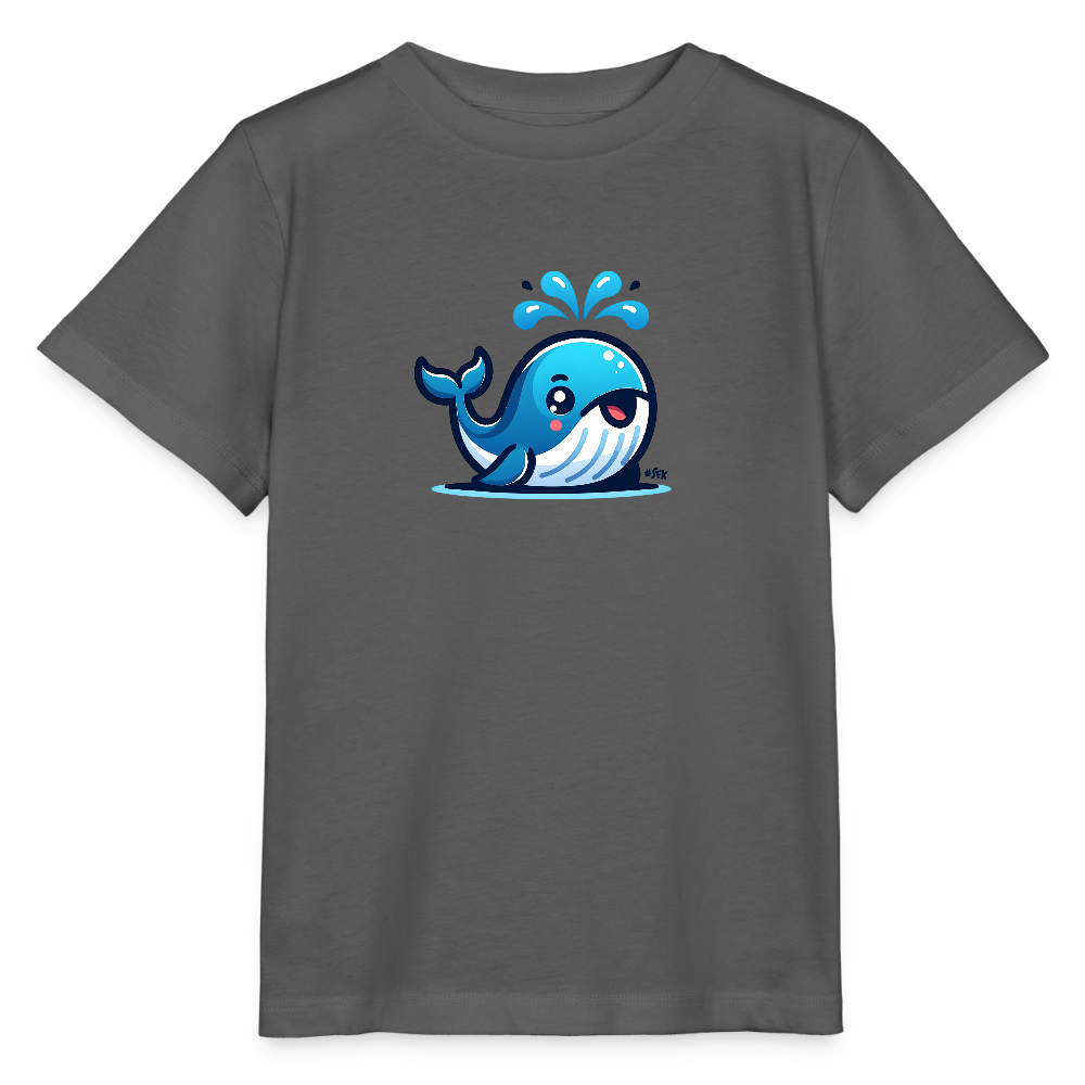 Onlineshop Shirts für Kinder - Das Bild zeigt ein graues T-Shirt mit einem farbenfrohen Motiv eines Wals. Der Wal ist cartoonhaft gestaltet, mit einer blauen Farbpalette und freundlichem Gesichtsausdruck. Er springt aus dem Wasser, wobei kleine Spritzer nach oben fliegen. Das T-Shirt hat kurze Ärmel und eine einfache, lässige Form, passend für Kinder.