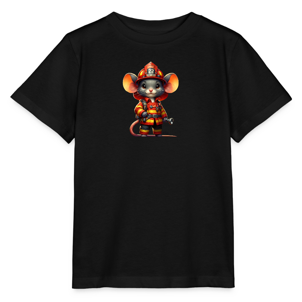Onlineshop Shirts für Kinder - Auf dem Shirt ist eine cartoonartige Maus abgebildet, die in Feuerwehrkleidung steckt. Die Maus trägt einen Feuerwehrhelm sowie einen bunten Feuerwehranzug mit einem roten und gelben Muster. In einer Hand hält sie einen Feuerwehrschlauch. Der Hintergrund des Shirts ist schwarz, was das Design der Maus gut zur Geltung bringt.