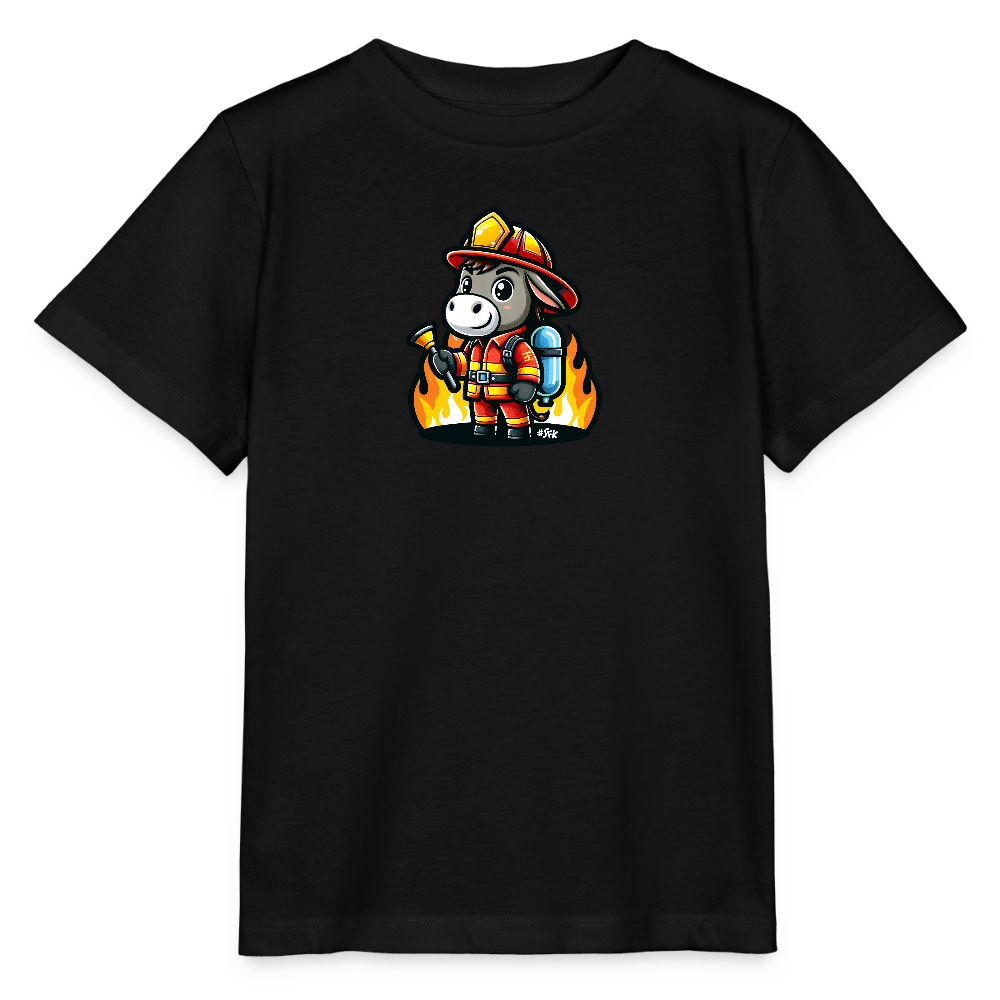 Onlineshop Shirts für Kinder - Das Bild zeigt ein schwarzes T-Shirt mit einem aufgedruckten Comic-Motiv. Das Motiv stellt einen Esel dar, der als Feuerwehrmann verkleidet ist, inklusive Helm, Uniform und Ausrüstung, vor einem Hintergrund aus Flammen. Die Farben des Aufdrucks sind lebhaft, was einen starken Kontrast zum schwarzen Stoff des Shirts bildet. Das T-Shirt ist einfach geschnitten und präsentiert das Motiv zentral auf der Vorderseite.
