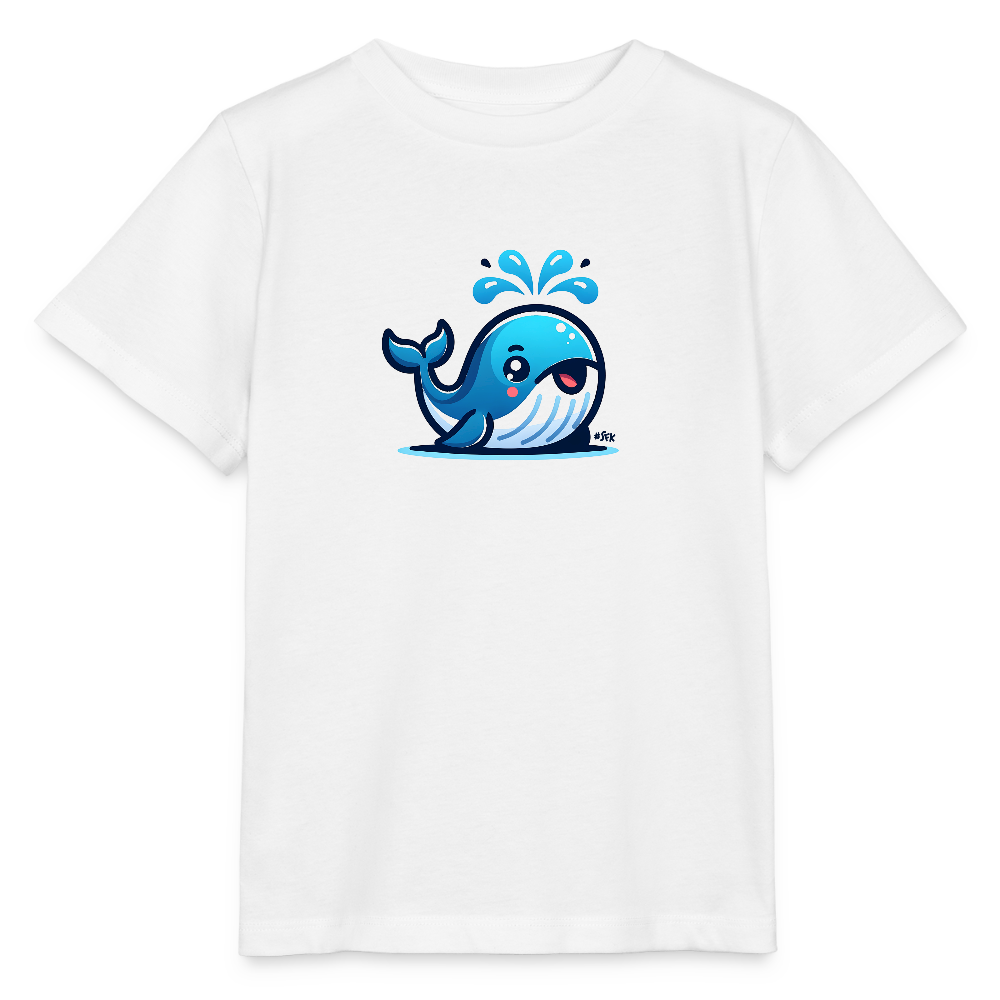 Onlineshop Shirts für Kinder - Das Bild zeigt ein weißes T-Shirt mit einem bunten, cartoonhaften Wal-Design auf der Vorderseite. Der Wal ist in verschiedenen Blautönen gehalten und hat einen fröhlichen Ausdruck mit aufgerissenen Augen und aufgestellten Spritzern Wasser über seinem Kopf. Der Hintergrund des Shirts ist schlicht, wodurch das Wal-Motiv gut zur Geltung kommt. Insgesamt vermittelt das Design einen freundlichen und verspielten Eindruck, der für Kinder ansprechend ist.