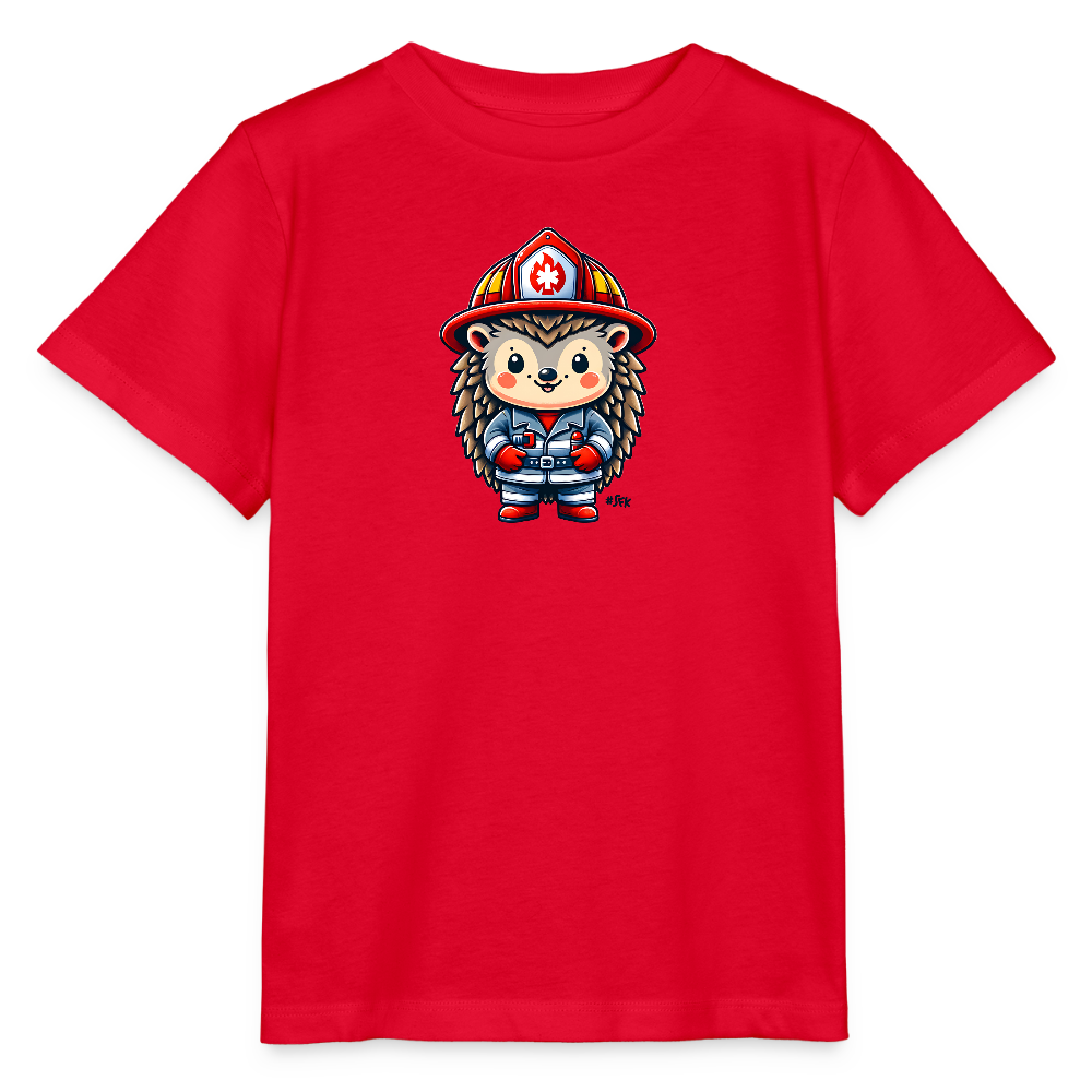 Onlineshop Shirts für Kinder - Das Bild zeigt ein leuchtend rotes T-Shirt mit einer süßen, cartoonhaften Darstellung eines Igels in Feuerwehruniform. Der Igel trägt einen Feuerwehrhelm mit einem weißen Kreuz und hat eine fröhliche Mimik. An den Pfoten trägt er rote Handschuhe, während er in seiner Feuerwehrkleidung lächelt und eine abenteuerlustige Haltung einnimmt. Das Design ist bunt und ansprechend, perfekt für kleine Feuerwehrfans.