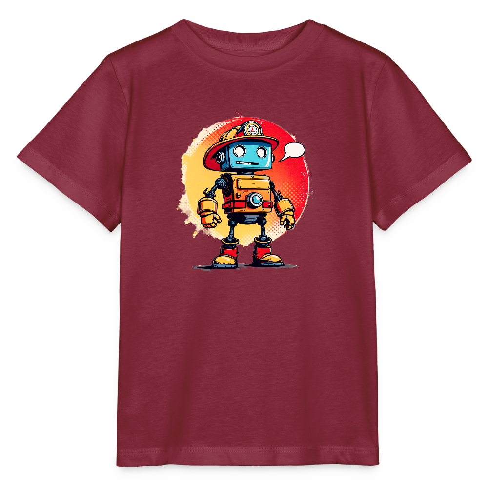 Onlineshop Shirts für Kinder - Das Bild zeigt ein rotes Kinder-T-Shirt mit einem bunten Roboter-Motiv auf der Vorderseite. Der Roboter trägt einen Feuerwehrhelm und ist in einem cartoonhaften Stil gestaltet. Im Hintergrund ist ein runder, farbiger Fleck, der einen Kontrast zu dem T-Shirt bietet. Insgesamt wirkt die Darstellung freundlich und einladend, ideal für Kinder, die Technik und Abenteuer lieben.