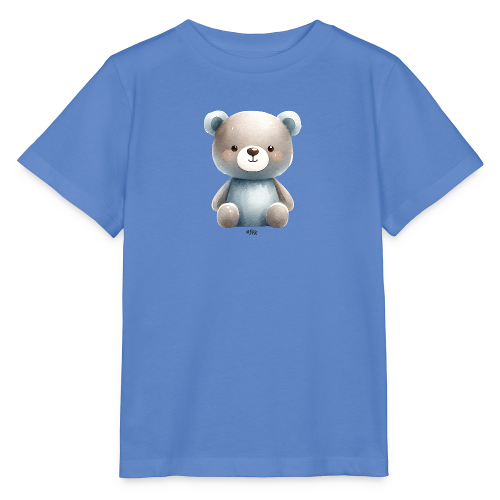 Onlineshop Shirts für Kinder - Das Bild zeigt ein hellblaues T-Shirt mit einem niedlichen, illustrativen Motiv eines Bären. Der Bär hat eine runde Form mit einem lächelnden Gesicht und trägt ein hellblaues und graues Outfit. Die Farben sind sanft und ansprechend, ideal für Kinder. Das T-Shirt hat kurze Ärmel und einen klassischen Schnitt.
