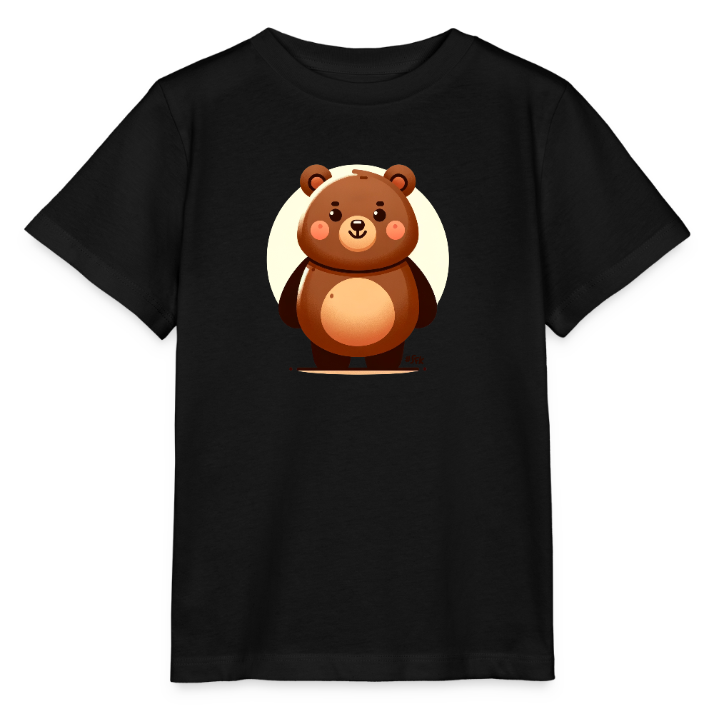 Onlineshop Shirts für Kinder - Auf einem schwarzen T-Shirt ist ein niedlicher, cartoonartiger Bär abgebildet. Der Bär hat ein rundes Gesicht mit einer sanften Ausstrahlung, ausgeprägten Wangen und großen, freundlichen Augen. Der Körper des Bären ist in verschiedenen Braun- und Beigetönen gestaltet, was ihm ein freundliches und einladendes Aussehen verleiht. Der Hintergrund ist hell und rund, wodurch das Bärenmotiv hervorgehoben wird.