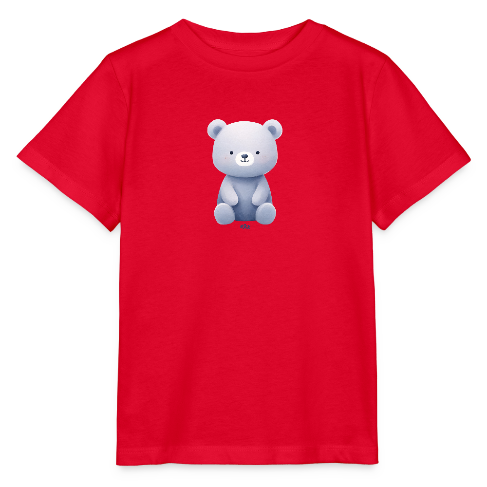 Onlineshop Shirts für Kinder - Das Bild zeigt ein rotes Kinder-T-Shirt, das prominently einen Plüschbären in einem stilisierten, grafischen Design abgebildet hat. Der Bär sitzt niedlich und lächelt, mit sanften hellblauen und grauen Farbtönen, die den Charakter hervorheben. Der Hintergrund des Shirts ist einheitlich rot, was einen starken Kontrast zu den Farben des Bären bildet. Die insgesamt verspielte und kinderfreundliche Gestaltung macht dieses Shirt besonders ansprechend für junge Träger.