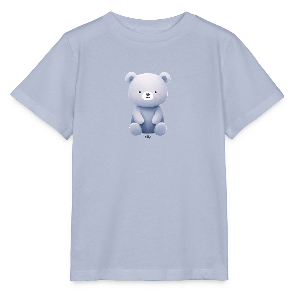 Onlineshop Shirts für Kinder - Das Bild zeigt ein kurzes, hellblaues T-Shirt für Kinder, auf dem ein niedliches Bärenmotiv abgebildet ist. Der Bär sitzt aufrecht und hat eine freundliche Ausstrahlung, mit sanften Farben und einer weichen, cartoonhaften Darstellung. Die Details des Bären sind klar und ansprechend gestaltet, mit einer runden Form und großen, runden Ohren. Das T-Shirt hat einen klassischen Schnitt und wirkt kinderfreundlich und verspielt.
