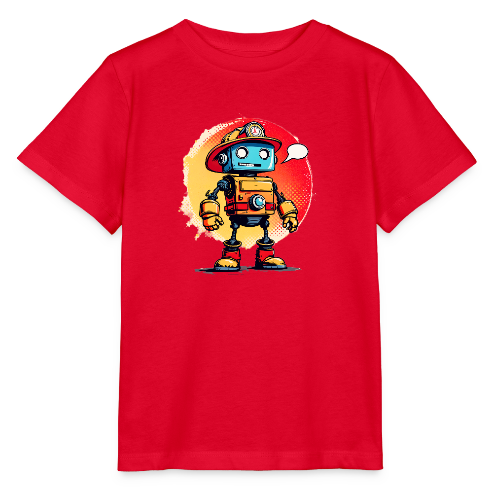 Onlineshop Shirts für Kinder - Das Bild zeigt ein rotes T-Shirt mit einem bunten Druck eines Roboter-Charakters. Der Roboter trägt einen Feuerwehrhelm und hat einen energetischen Ausdruck, während er eine Sprechblase hat, die andeutet, dass er etwas sagt. Im Hintergrund befindet sich ein farbenfroher, kreisförmiger Verlauf, der dem Design zusätzliche Tiefe verleiht. Das T-Shirt vereint Kreativität und Spaß und spricht Kinder an, die Robotermotive mögen.