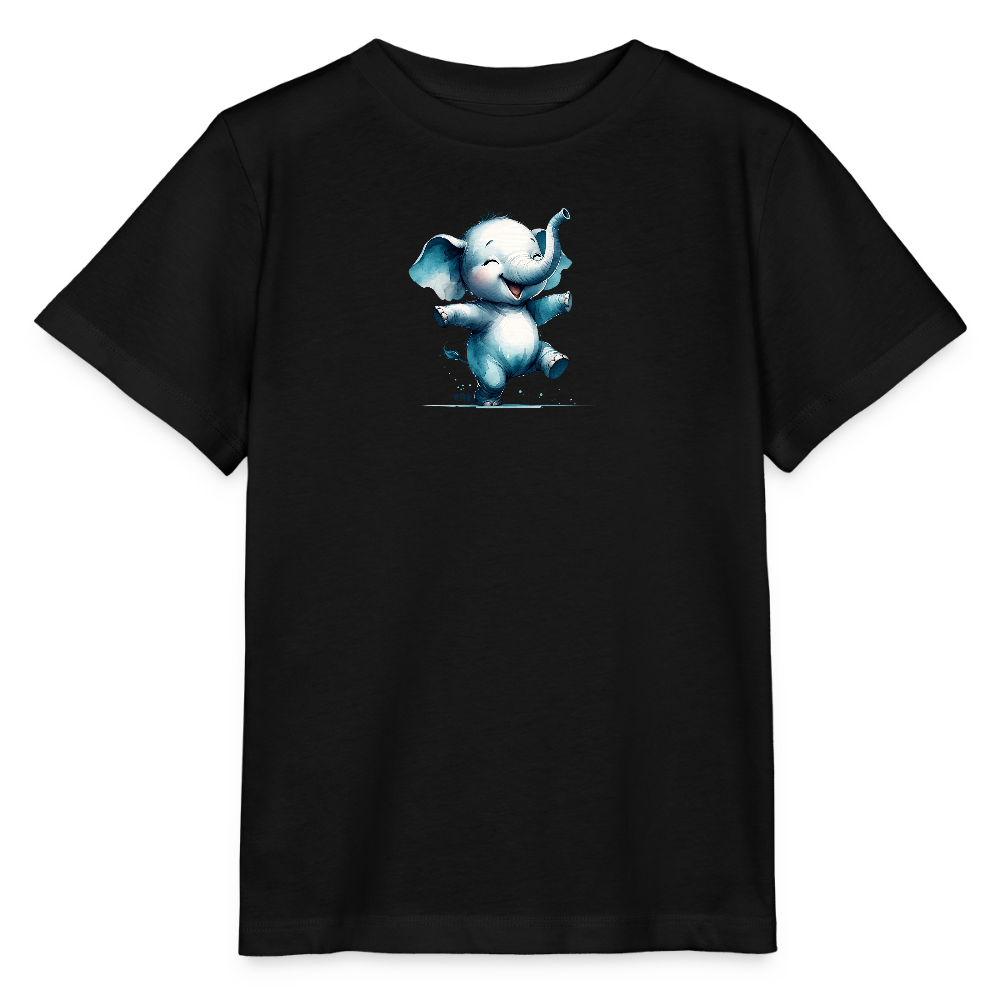 Onlineshop Shirts für Kinder - Das Bild zeigt ein schwarzes T-Shirt mit einem niedlichen, blauen Elefantenmotiv. Der Elefant hat große, fröhliche Augen und scheint zu tanzen oder zu springen. Es sind kleine Spritzer um den Elefanten herum zu sehen, was eine verspielte Stimmung erzeugt. Der Kontrast zwischen dem schwarzen Shirt und der hellblauen Farbe des Elefanten verstärkt die visuelle Wirkung des Designs.