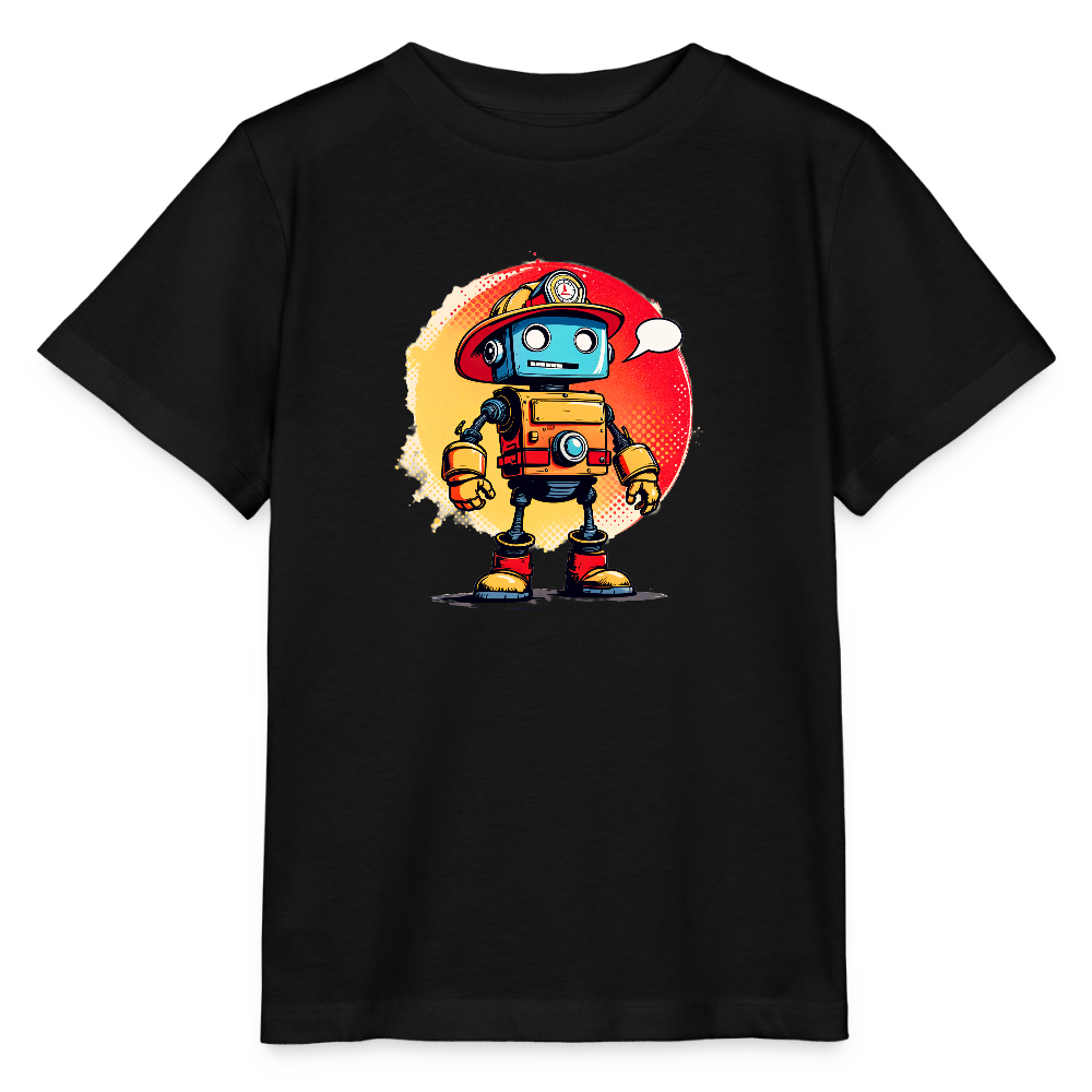 Onlineshop Shirts für Kinder - Das Bild zeigt ein schwarzes T-Shirt mit einem bunten, cartoonartigen Design. Im Mittelpunkt steht ein Roboter in einem Feuerwehrhelm, der in lebendigen Farben gezeichnet ist. Hinter dem Roboter befindet sich ein kreisförmiger Hintergrund in orangenen und roten Tönen, der das Bild auffällig macht. Der Roboter hat ein freundliches Gesicht und scheint bereit, etwas zu sagen, was durch die Sprechblase angedeutet wird.