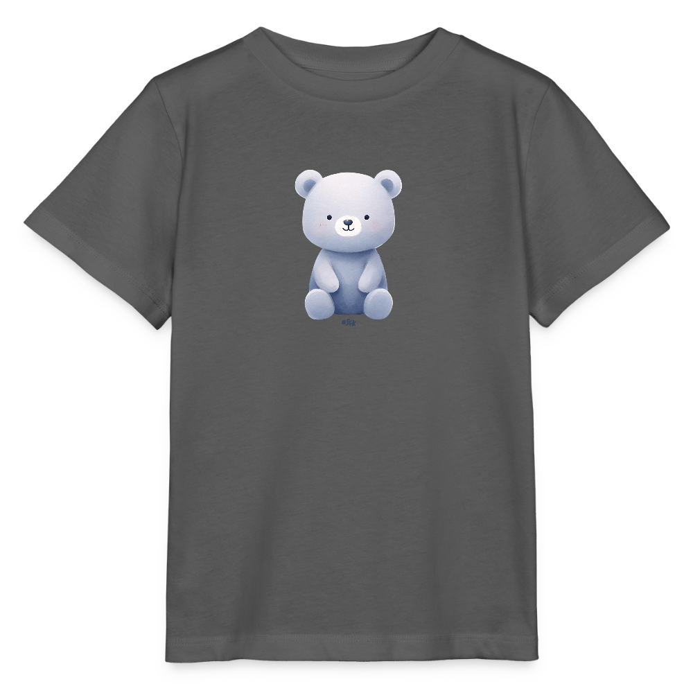 Onlineshop Shirts für Kinder - Das Bild zeigt ein graues T-Shirt mit einem niedlichen, grafischen Motiv eines sitzenden Bären in sanften Blautönen. Der Bär hat eine runde Form mit einem freundlichen Gesicht, großen Augen und einem kleinen Lächeln. Das Design ist einfach und kindgerecht, was das Shirt für junge Träger ansprechend macht. Die kurzen Ärmel und der klassische Schnitt des T-Shirts sorgen für einen bequemen Sitz.